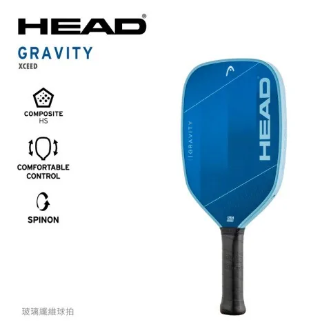寶藍色拍面印 HEAD 與 GRAVITY，旁列說明圖示