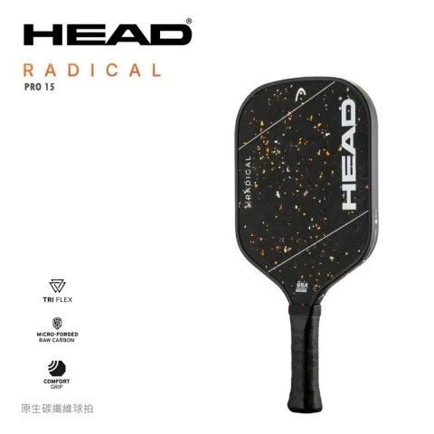 黑底灑橘點的碳纖拍面，印 RADICAL，旁列說明圖示