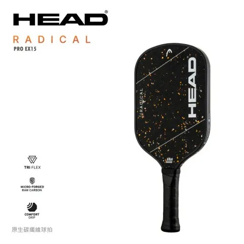 黑底灑橘點的碳纖拍面，印 RADICAL，旁列說明圖示