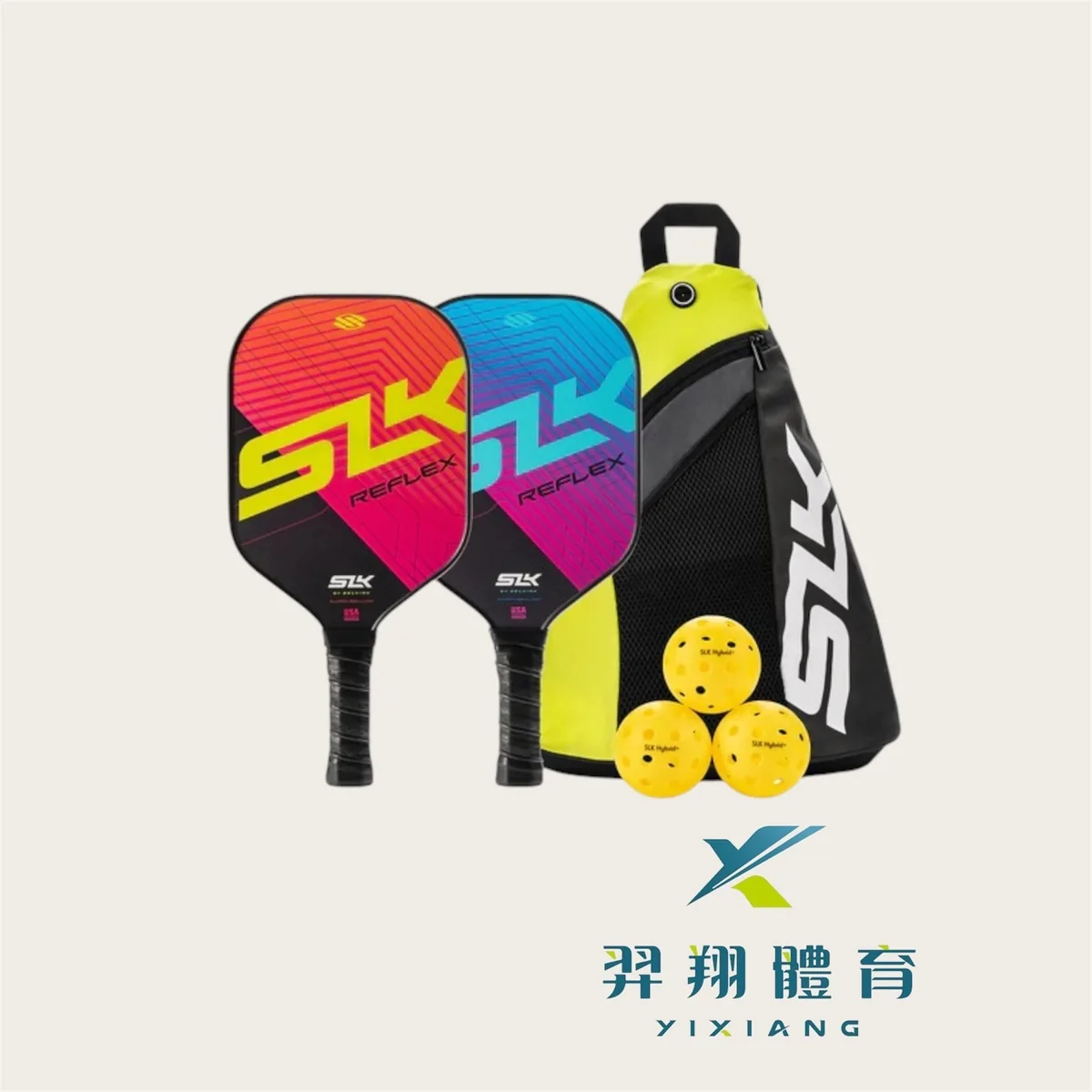 雙拍套組：橘紅與水藍拍各一支、三顆黃球與黃色背袋